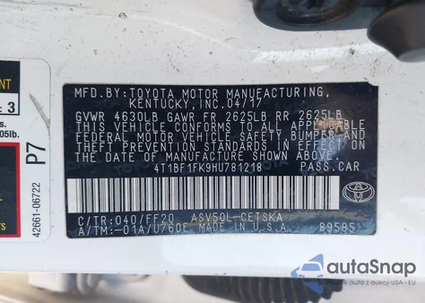 2017 Toyota Camry Se from USA, damaged, VIN 4T1BF1FK9HU781218